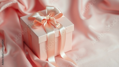 A soft pink gift box with a delicate satin bow and pearl accents, resting on a bed of blush-colored silk fabric.