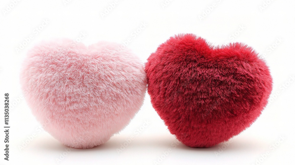 Pink and Red Plush Hearts: A pair of soft, fluffy heart-shaped pillows in shades of pink and red, nestled together. Perfect for Valentine's Day, romantic settings. Pink and Red Plush Hearts: A pair of soft, fluffy heart-shaped pillows in shades of pink and red, nestled together. Perfect for Valentine's Day, romantic settings.