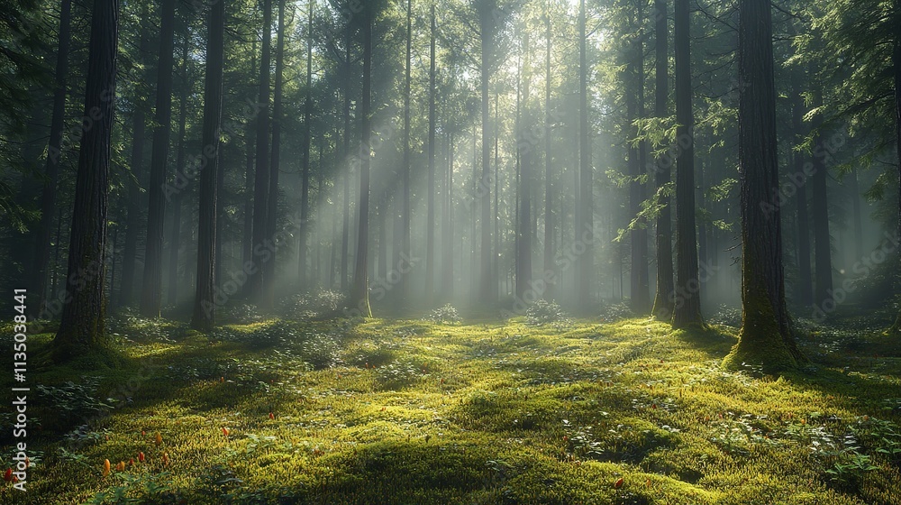 Fototapeta premium misty forest at dawn with sunlight filtering through the trees, creating a tranquil backdrop.