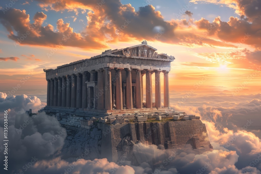 Obraz premium The Parthenon stands proudly atop a rocky outcrop in Athens, Greece, as a stunning sunset illuminates the sky with vibrant clouds and soft hues.