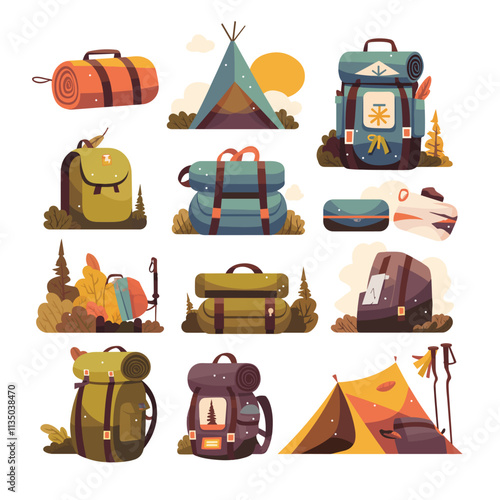 Vector design and illustration of mountaineering sets such as backpacks and tents