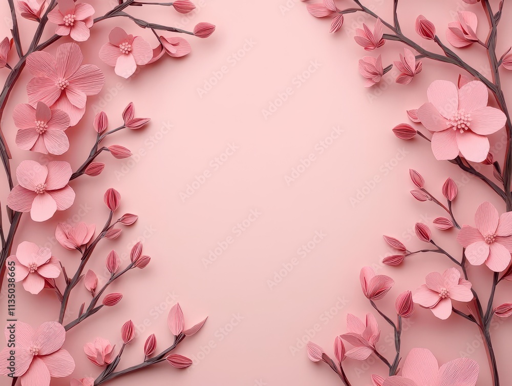 Fototapeta premium Delicate papercut cherry blossom branches framing a glowing Chinese New Year scene, origami Papercut, nature s blessing