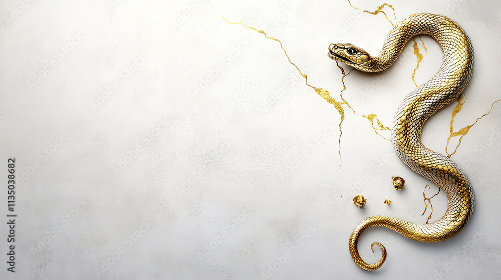 Fototapeta premium The Chinese New Year celebration is filled with red and gold decorations, and the snake is a significant symbol. Golden Snake Decorative Art for Lunar New Year Celebration