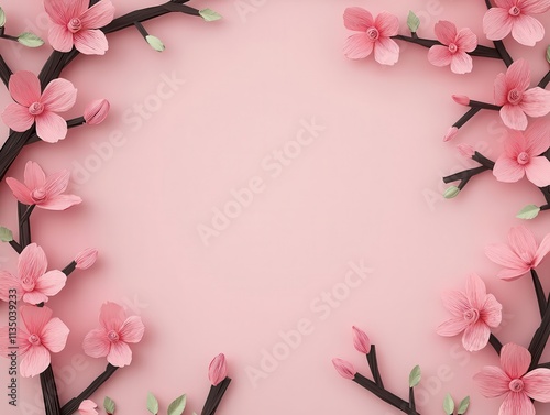 Delicate papercut cherry blossom branches framing a glowing Chinese New Year scene, origami Papercut, nature s blessing photo