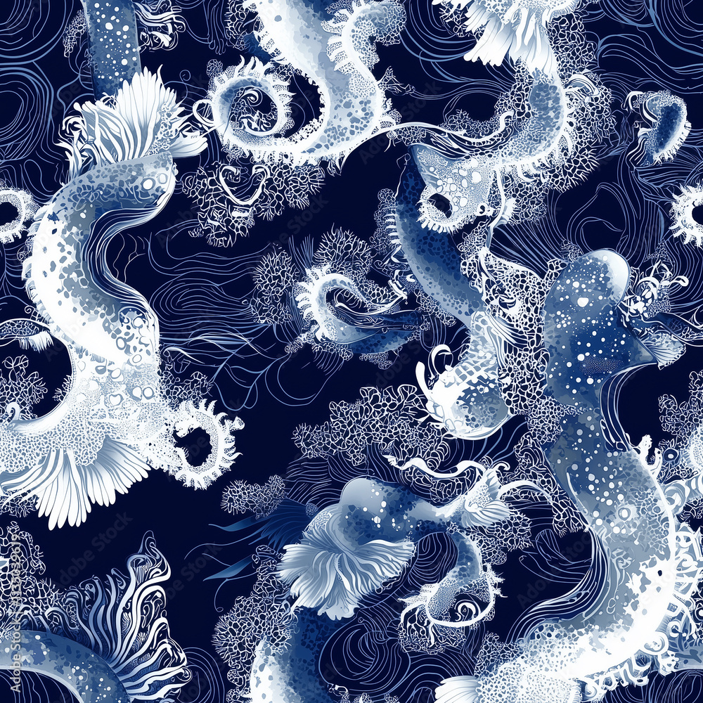 Seamless pattern of marine life underwater world digital artwork artistic environment top-down view nature concept Seamless pattern of marine life underwater world digital artwork artistic environment top-down view nature concept