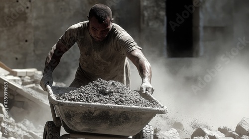 A construction worker pushes a heavy wheelbarrow filled with rubble and debris through a dusty environment. The man's face shows determination, his clothes are covered in dust. photo