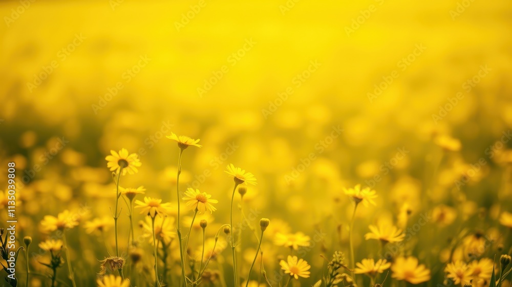 Fototapeta premium A field of yellow wildflowers basking in the golden light of the setting sun, creating a stunning visual tapestry of nature's vibrant hues.