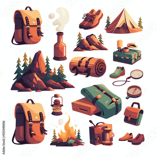 Vector design and illustration of mountaineering sets such as backpacks and tents