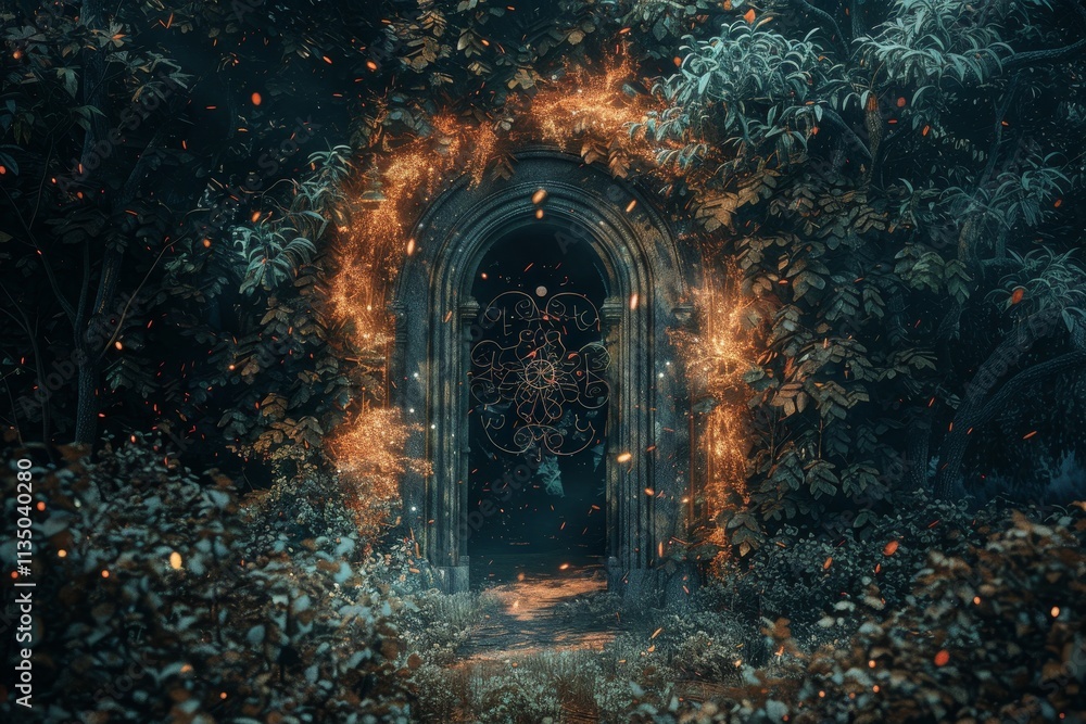 Obraz premium A beautifully adorned archway stands surrounded by luminous foliage in a twilight forest, inviting exploration with a soft, enchanting glow throughout the surroundings.