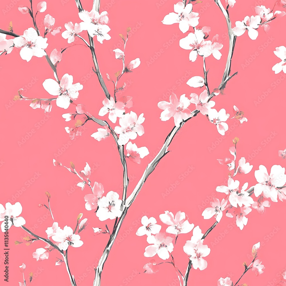 Fototapeta premium Delicate White Blossoms on Pink Background Branches