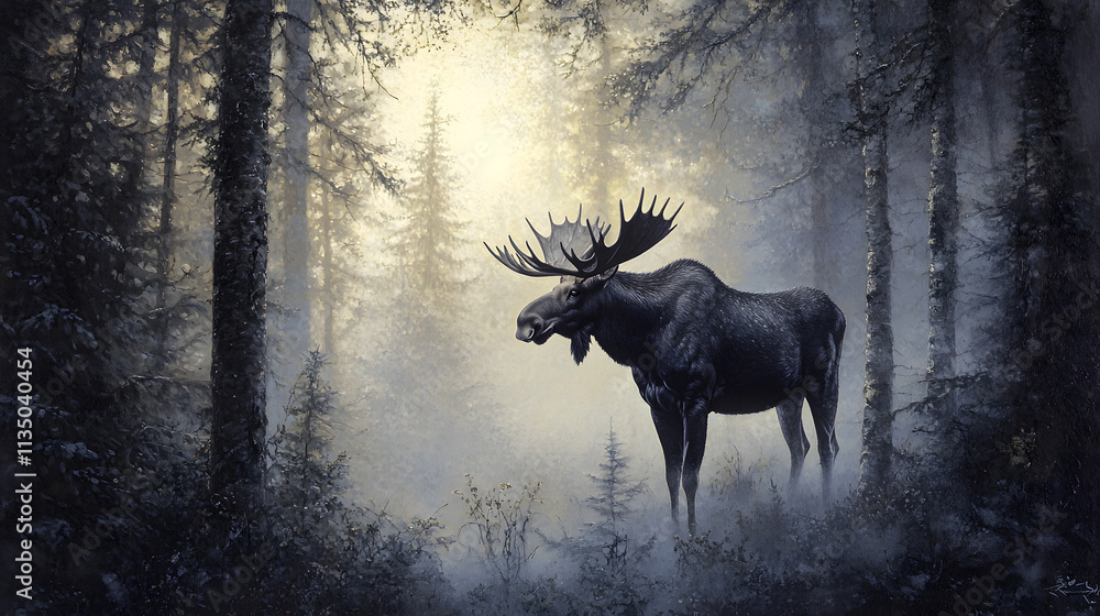 A Majestic Moose in the Mist of a Serene Northern Forest, Embracing the Beauty of Nature A Majestic Moose in the Mist of a Serene Northern Forest, Embracing the Beauty of Nature