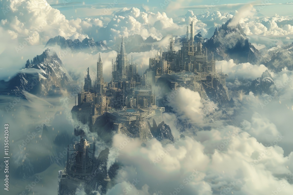 Fototapeta premium Majestic towers and structures rise from mist-covered mountains, creating a stunning contrast against the bright sky, evoking a sense of wonder and exploration.