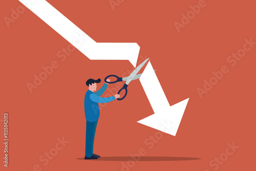 Businessman using scissors to cut off the falling downward arrow. concept of Stop losing assets from stock market volatility