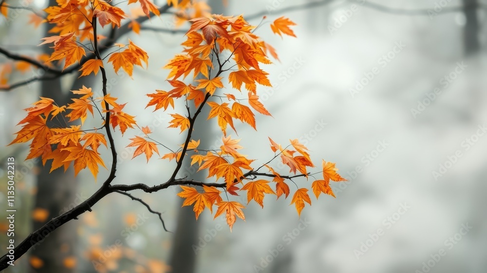 A lone branch of vibrant orange leaves, gracefully reaching towards a soft, hazy background, evokes a sense of tranquility and autumnal beauty. A lone branch of vibrant orange leaves, gracefully reaching towards a soft, hazy background, evokes a sense of tranquility and autumnal beauty.