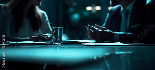 A close-up of two business people sitting at the table, engaged in conversation with notes and documents on it, office background