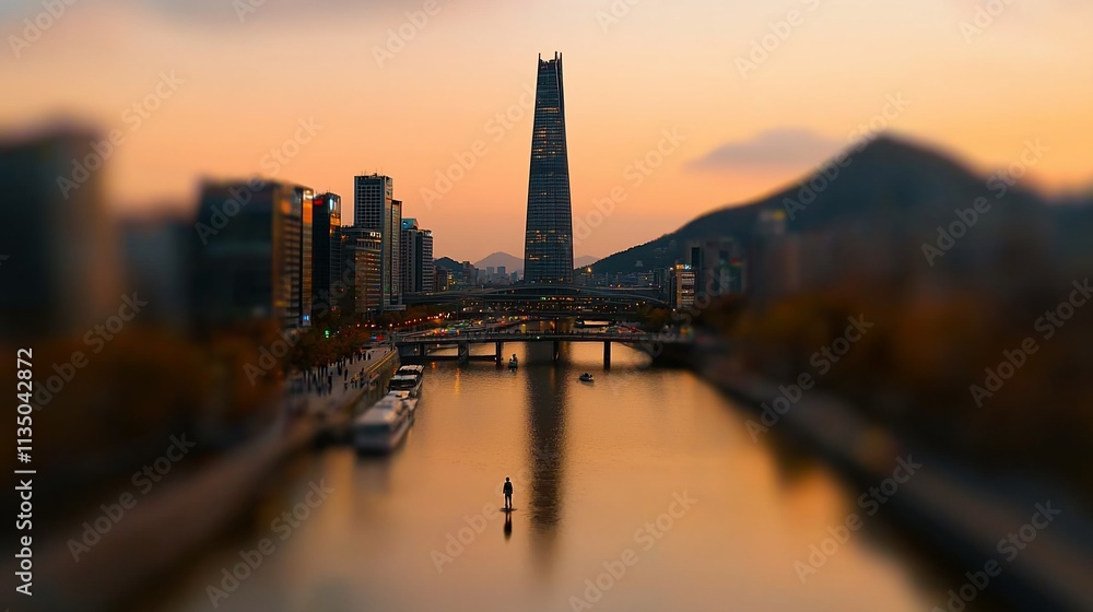 Fototapeta premium Cityscape sunset over river with skyscraper reflection.