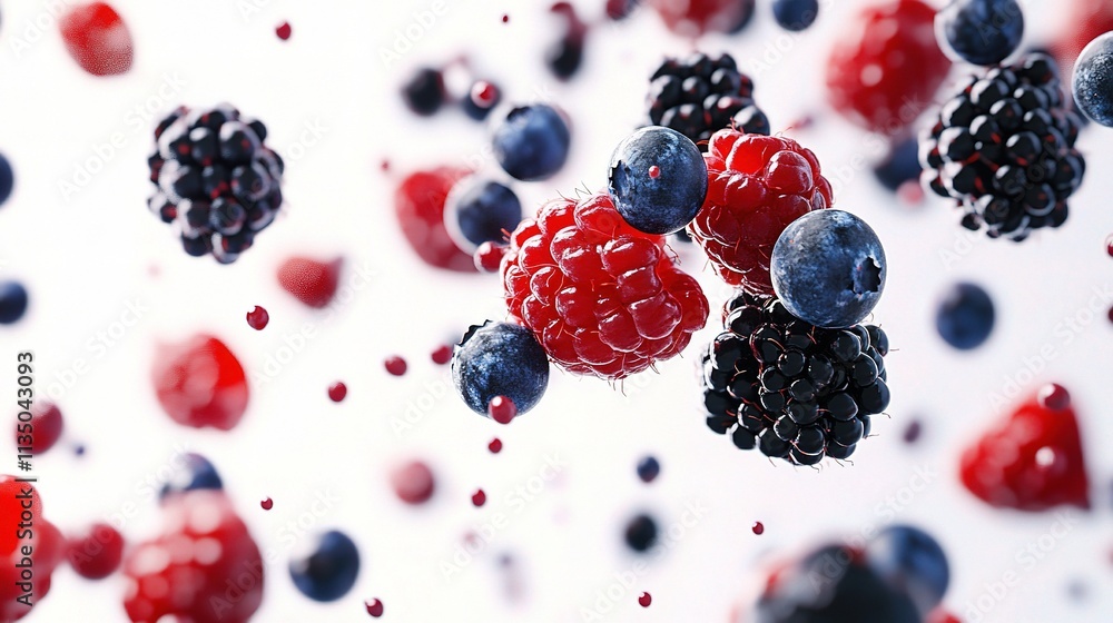 Colorful Mixed Wild Berries on a White Background in Motion Colorful Mixed Wild Berries on a White Background in Motion