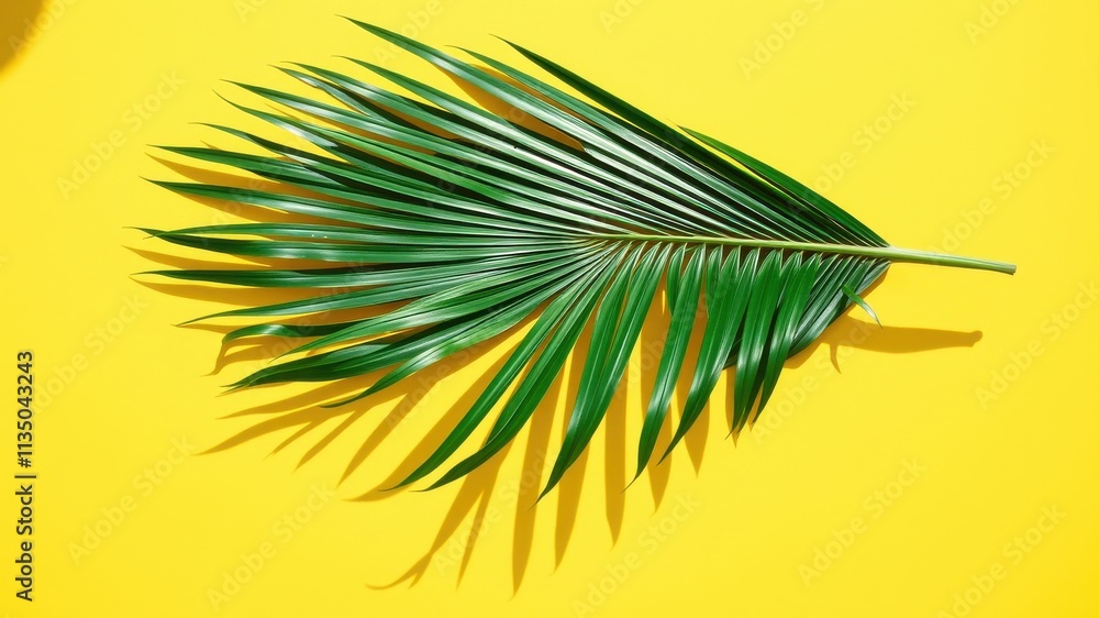 Fototapeta premium A single palm leaf with a long shadow casts a tropical feel against a bright yellow background.
