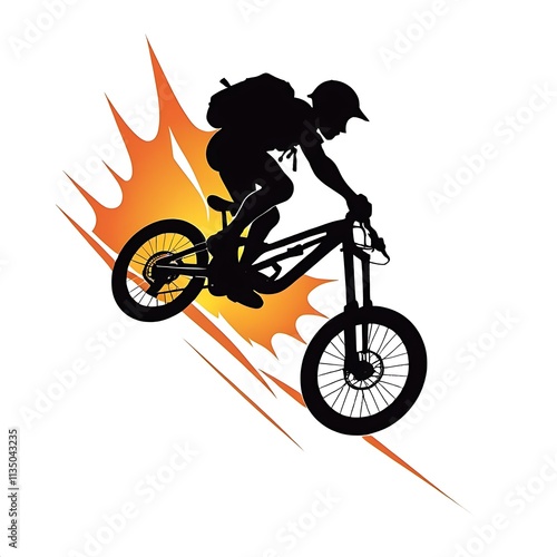 Mountain Biking Silhouette: A bold silhouette of a mountain biker soaring through the air, captured in a moment of pure exhilaration. The fiery background evokes speed, passion. photo