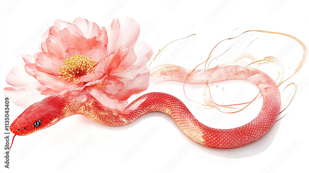 Obraz premium The Chinese New Year celebration is filled with red and gold decorations, and the snake is a significant symbol. Red Snake and Peony Illustration for Chinese New Year Celebration