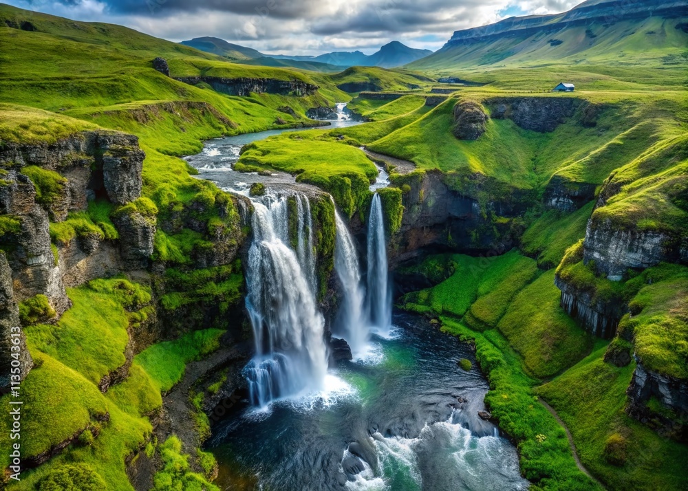 Majestic Aerial View of a Cascading Waterfall Surrounded by Lush Green Landscapes in Iceland, Capturing the Beauty of Nature from Above Majestic Aerial View of a Cascading Waterfall Surrounded by Lush Green Landscapes in Iceland, Capturing the Beauty of Nature from Above