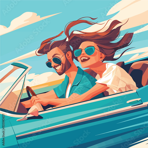 Vector design and illustration of a happy couple in a car and traveling