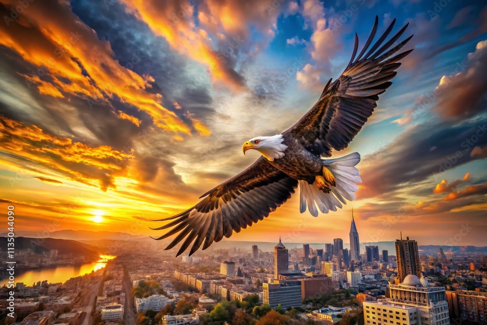 Obraz premium Majestic American Eagle Soaring Through a Watercolor Sky with Architectural Elements, Capturing Nature's Beauty and Urban Design in Stunning Detail