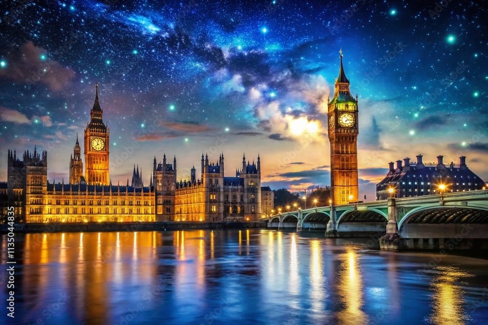 Naklejka premium Majestic Big Ben Illuminated at Night: A Stunning View of London's Iconic Clock Tower Against a Starry Sky with Reflections on the Thames River