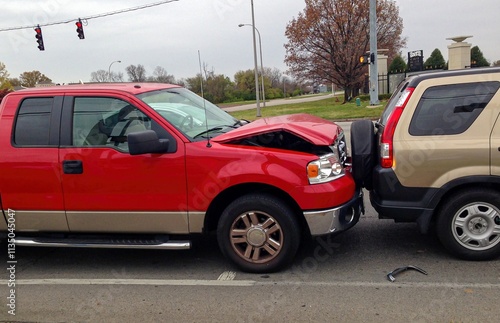 Photos Rear-end vehicle collision involving red truck with bent hood and brown suv