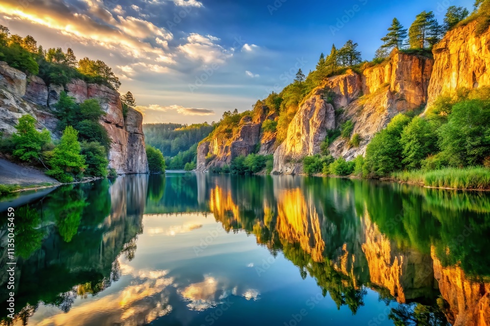Fototapeta premium Majestic Canyon Cliffs Reflected in Serene Lake Waters at Sunrise, Capturing the Beauty of Nature's Grandeur with Dramatic Lighting and Vibrant Colors