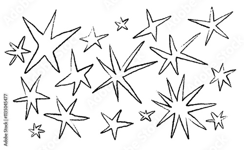 Set of abstract drawing playful shape. Retro spiked outline circle stickers. Bursting crayon pencil explosion star.