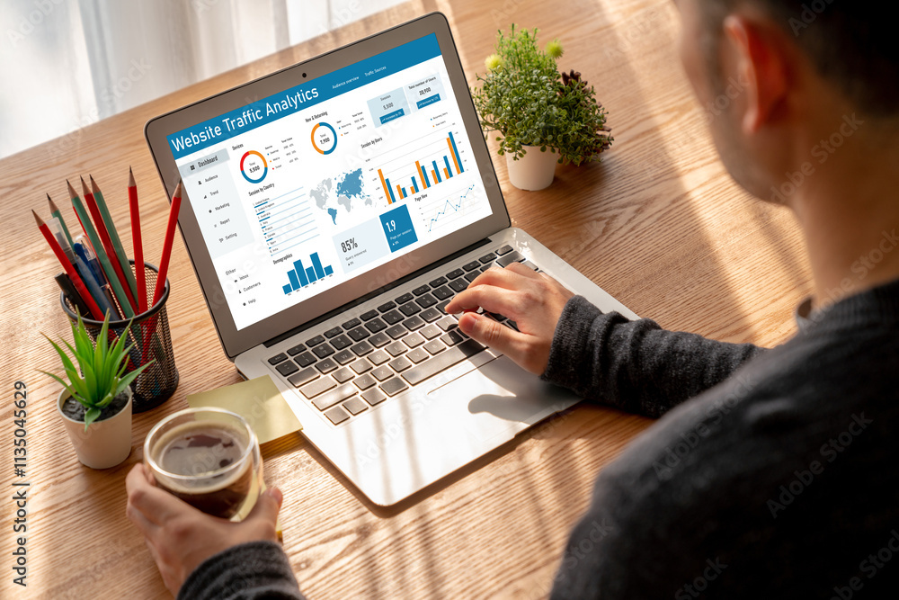 Computer software for website traffic analytics data on computer screen. Concept of SEO search engine optimization and customer targeting for online business snugly Computer software for website traffic analytics data on computer screen. Concept of SEO search engine optimization and customer targeting for online business snugly