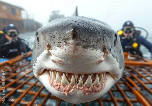 Great white shark showing sharp teeth rows in front of divers in a diving cage , isolated on white background,  , copy space, copy space for text, photo