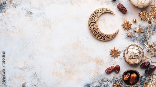 A cultural and festive scene for Eid al-Fitr with crescent moon, dates, and festive decorations against a warm and celebratory background photo