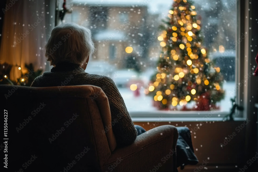 Rear view of a lonely old woman sitting alone by the window at Christmas. Rear view of a lonely old woman sitting alone by the window at Christmas.
