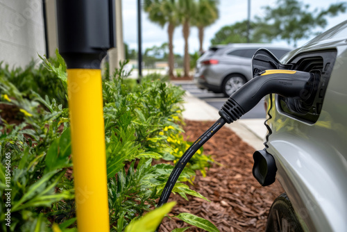 Close-up of an electric car charging at a station in Florida. 