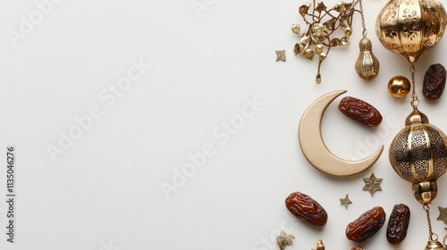 A cultural and festive scene for Eid al-Fitr with crescent moon, dates, and festive decorations against a warm and celebratory background photo