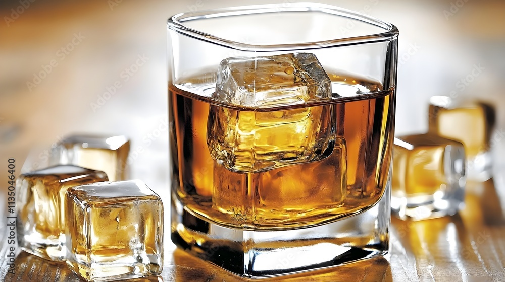 Whiskey glass with ice cubes bar setting beverage photography cozy environment close-up view relaxation concept Whiskey glass with ice cubes bar setting beverage photography cozy environment close-up view relaxation concept