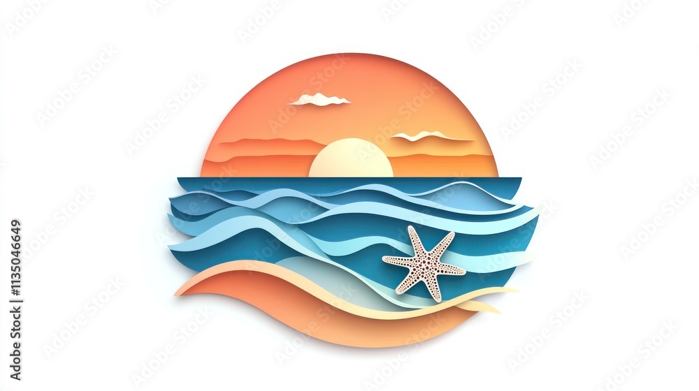 Serene Sunset Seascape: Paper Art of Ocean Waves, Starfish, and a Vibrant Orange Sky at Dusk