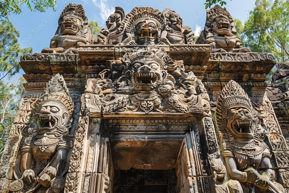 Fototapeta premium Elaborate sculptures of mythical figures and guardians grace the entrance to a historic temple, nestled among vibrant foliage, under bright blue skies.