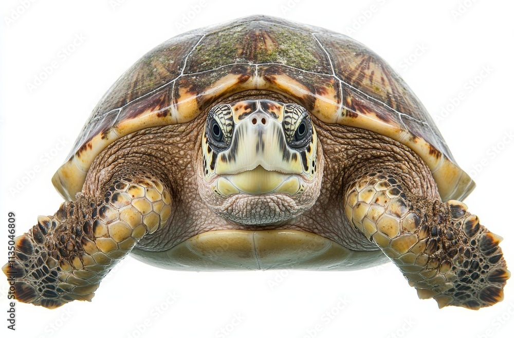 Fototapeta premium Hawksbill turtle floating in dark blue clear water , isolated on white background, , copy space, copy space for text,