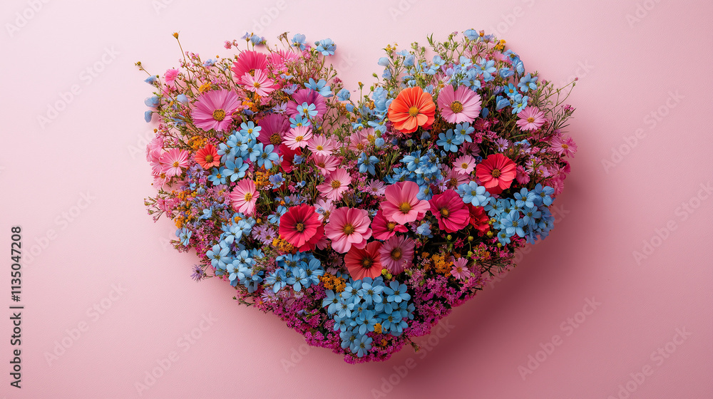Heart-shaped arrangement of colorful flowers on soft pink background Heart-shaped arrangement of colorful flowers on soft pink background