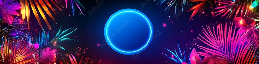 Bold abstract background with neon tropical foliage and colorful lighting, with a large blue circle at the center for text. Bold abstract background with neon tropical foliage and colorful lighting, with a large blue circle at the center for text.