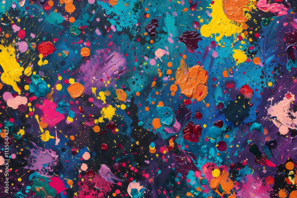 A striking canvas covered in a kaleidoscope of colorful paint splatters, featuring shades of blue, pink, yellow, and orange, capturing a sense of lively creativity. A striking canvas covered in a kaleidoscope of colorful paint splatters, featuring shades of blue, pink, yellow, and orange, capturing a sense of lively creativity.
