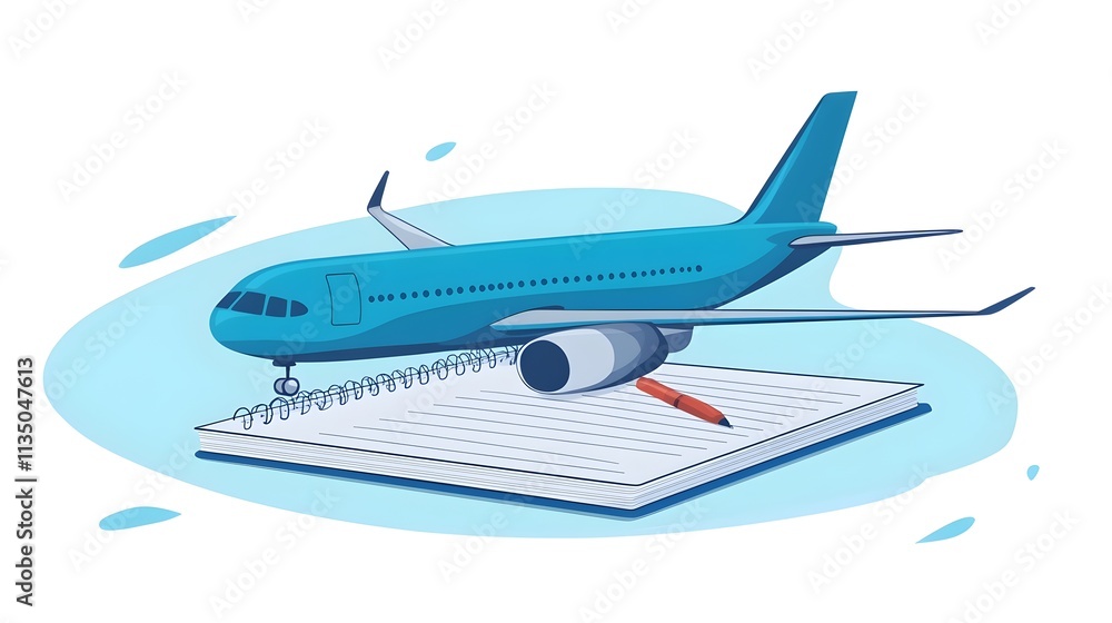 Obraz premium Airplane model on notebook with red pen travel planning concept digital workspace creative viewpoint