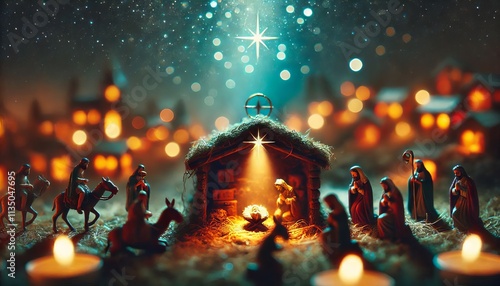 Birth of Jesus Christ - Nativity Scene - Catholic, Jewish Christian, New Testament - Joseph, Virgin Mary birth of Baby Christ Child of God in Stables of Bethlehem with Shepherds - Winter Solstice photo