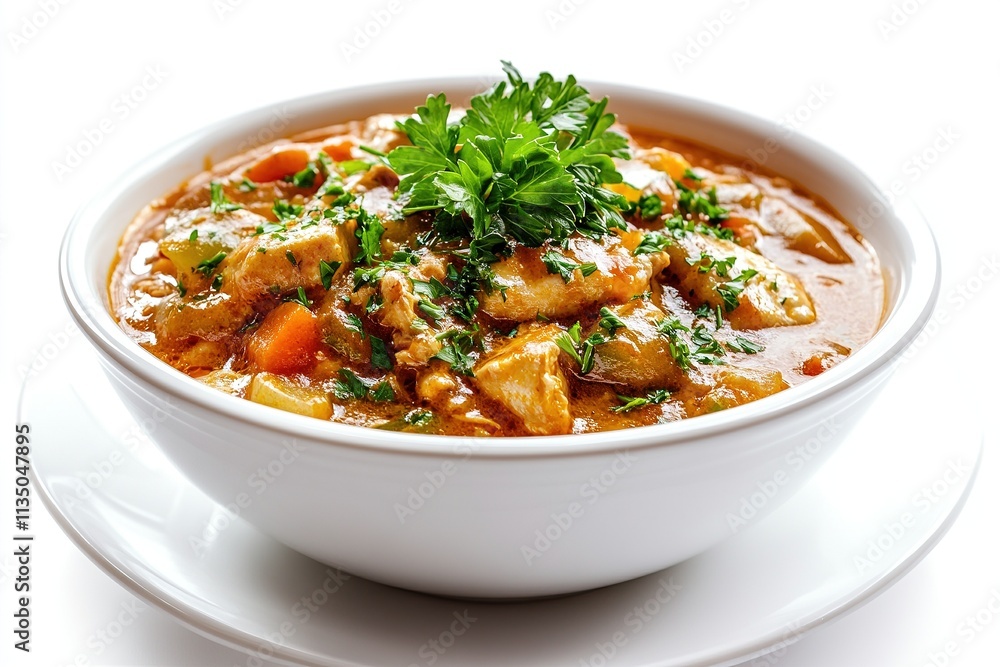 A bowl of Belgian waterzooi (creamy chicken stew) with vegetables, garnished with parsley. A bowl of Belgian waterzooi (creamy chicken stew) with vegetables, garnished with parsley.