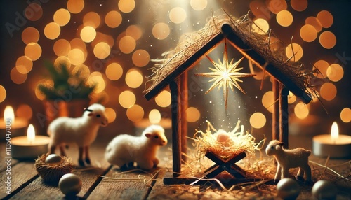 Birth of Jesus Christ - Nativity Scene - Catholic, Jewish Christian, New Testament - Joseph, Virgin Mary birth of Baby Christ Child of God in Stables of Bethlehem with Shepherds - Winter Solstice photo