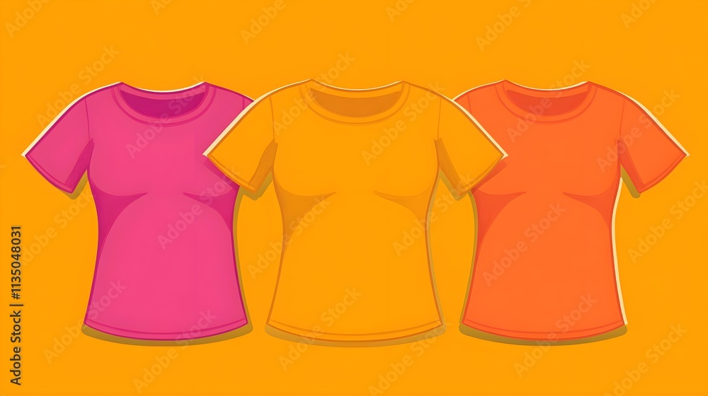 Vibrant t-shirt collection display studio graphic design bright background front view fashion style Vibrant t-shirt collection display studio graphic design bright background front view fashion style