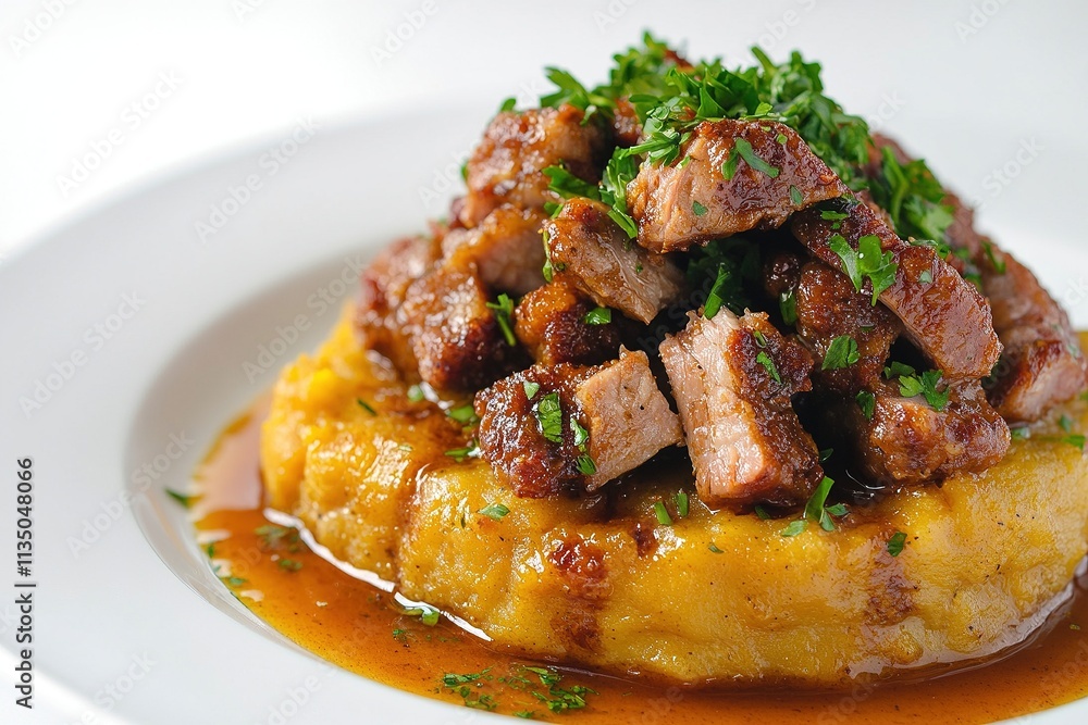 A plate of Puerto Rican mofongo (mashed plantains) topped with garlic sauce and crispy pork, garnished with parsley.